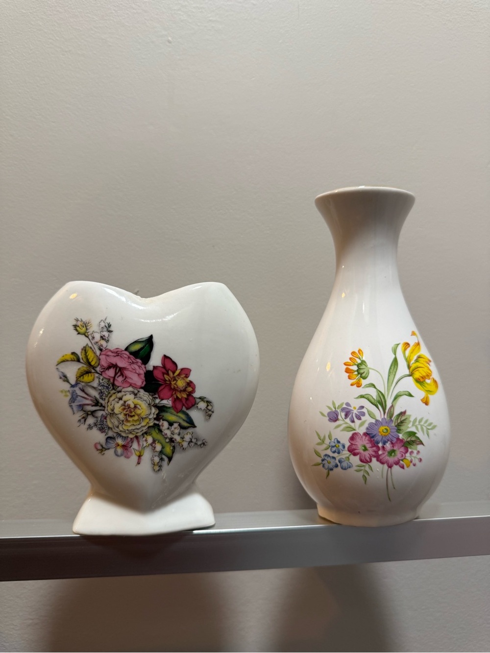 White Floral Ceramic Bud Vase with Yellow and Pink Bouquet
